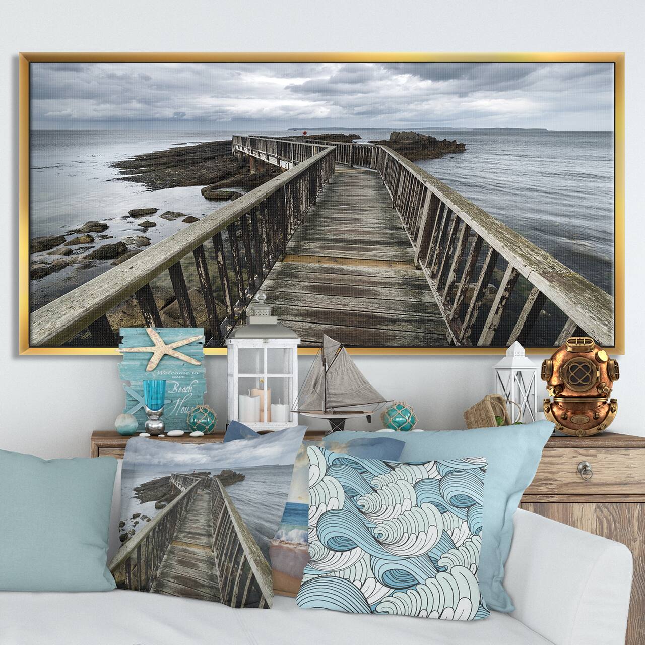 Designart - Wooden Pier on North Irish Coastline - Sea Bridge Framed Canvas Art Print